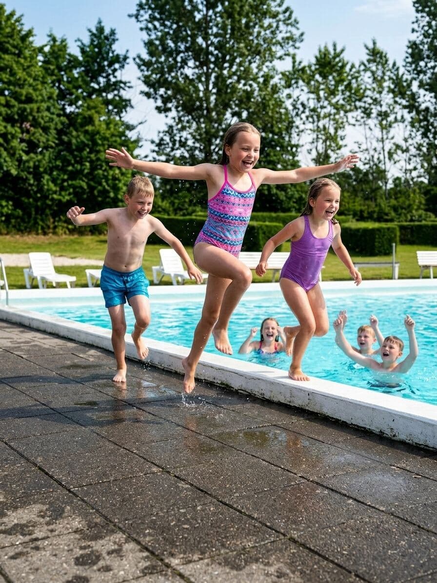 Børn der løber mod poolen og glæder sig til at bade