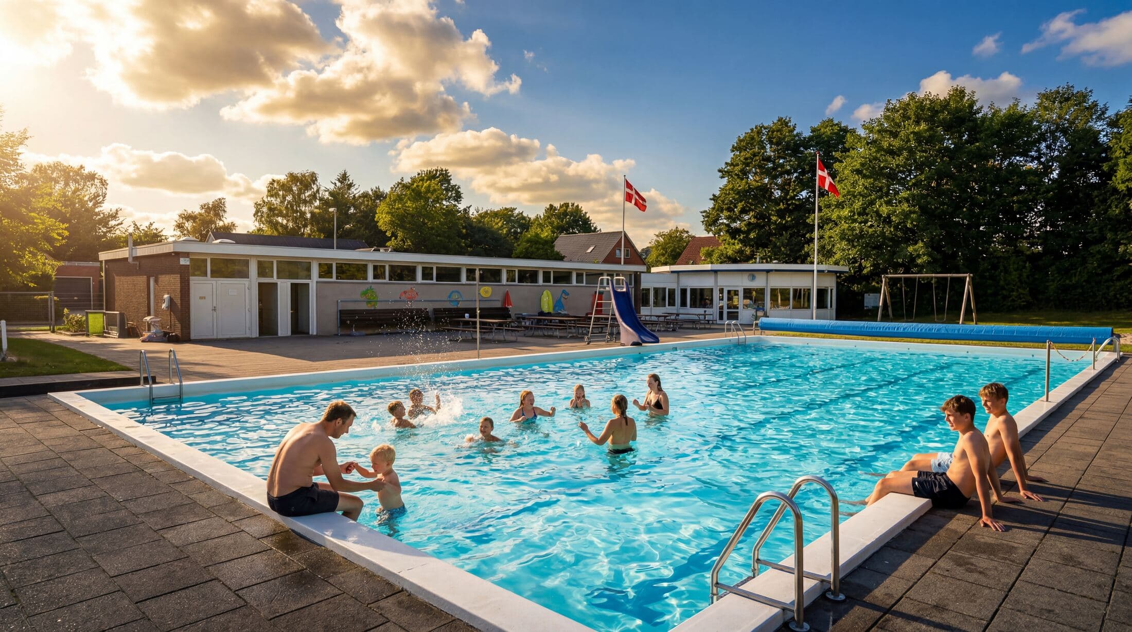 Poolområde med faciliteter og stemning ved bassinkanten